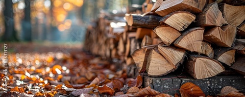 Stack of firewood with scattered leaves and open space photo