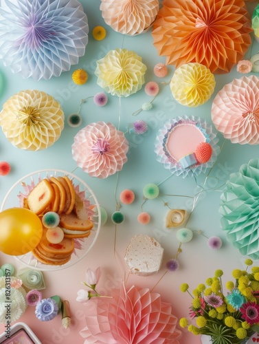 Colorful party decorations with paper flowers, balloons, desserts, and flowers on a light background, perfect for celebrations and events.