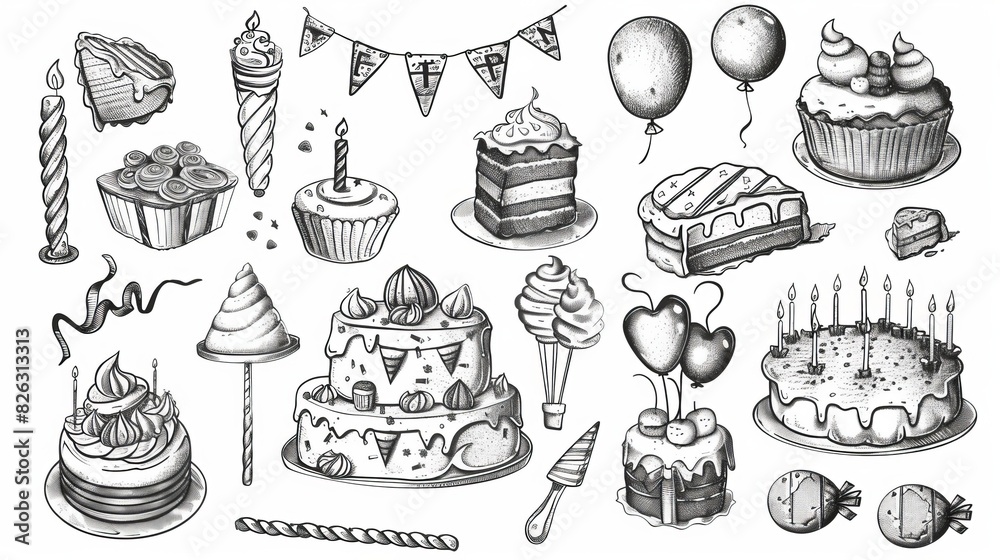 Ink drawing of stylized birthday elements. Cakes, balloons and decorations. Ink drawing of stylized birthday elements. Cakes, balloons and decorations.