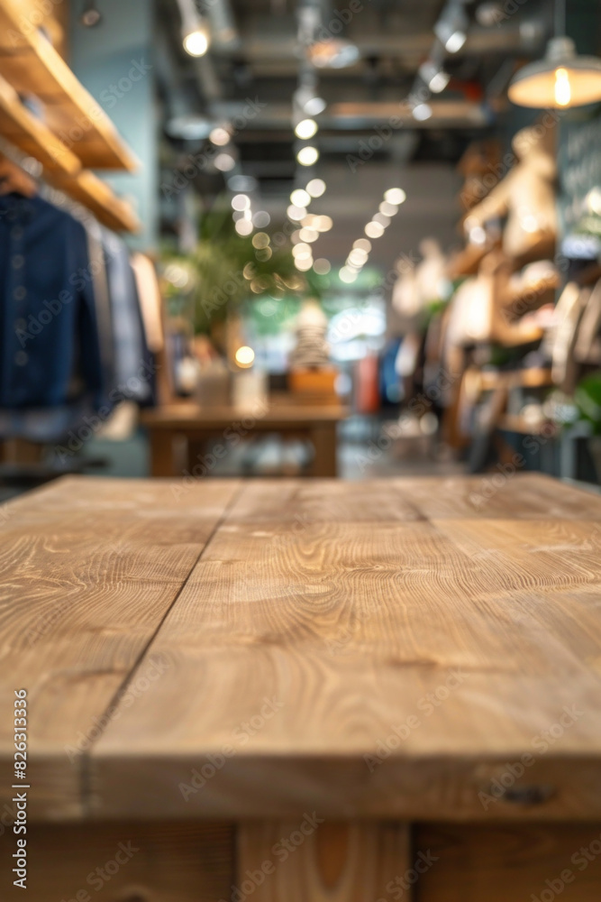 A wooden display table in the foreground with a blurred background of a fashion boutique. The background features stylish clothing racks, mannequins dressed in the latest fashions. A wooden display table in the foreground with a blurred background of a fashion boutique. The background features stylish clothing racks, mannequins dressed in the latest fashions.