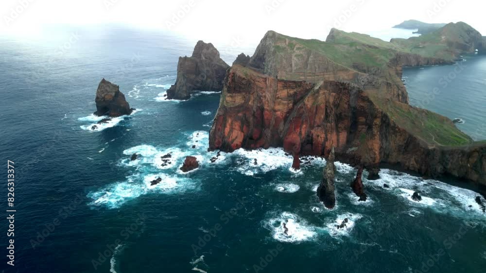 Aerial view of Ponta Do Rosto viewpoint on a cloudy day in Madeira Island, Portugal