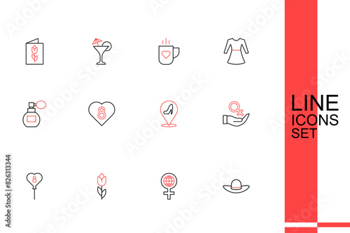 Set line Elegant women hat, International Women Day, Flower tulip, Balloons with 8 March, Female gender symbol, Woman shoe, Heart and Perfume icon. Vector
