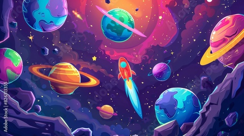 Cute cartoon planets  asteroids  comets  rockets in space. Modern illustration for kids.