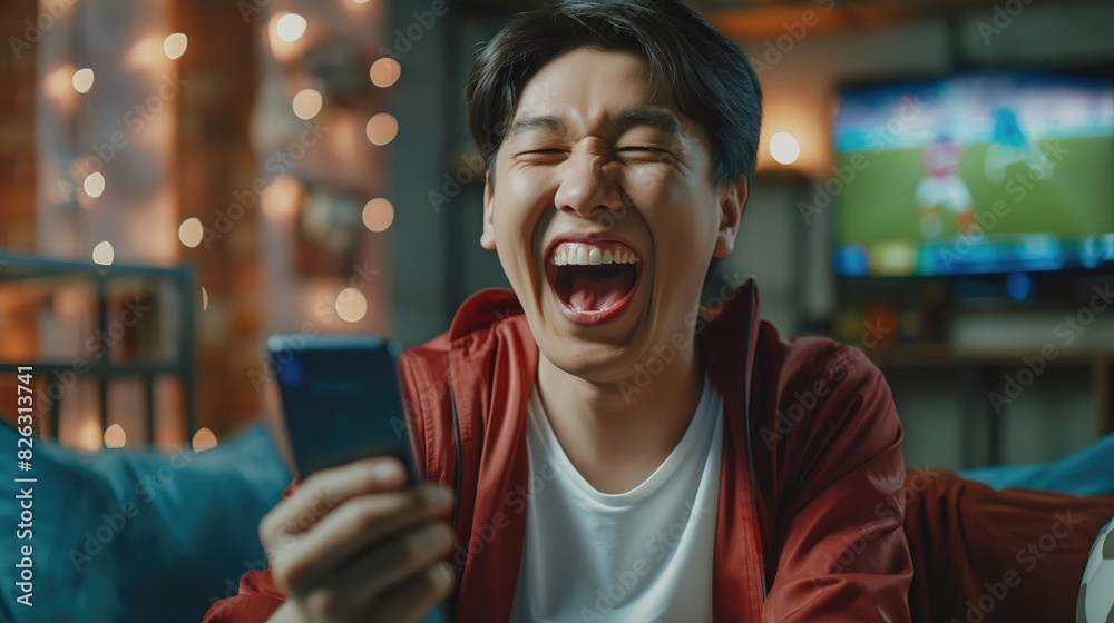 Asian man happy after win a bet on a mobile betting app while watching a live football match on the TV screen. Asian man happy after win a bet on a mobile betting app while watching a live football match on the TV screen.
