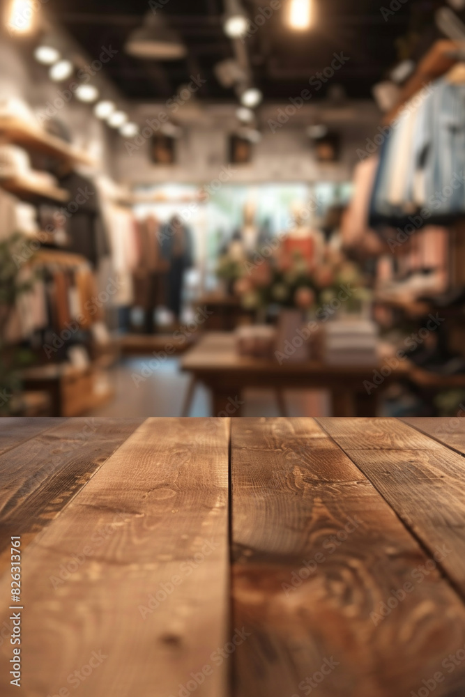 A wooden display table in the foreground with a blurred background of a fashion boutique. The background features stylish clothing racks, mannequins dressed in the latest fashions. A wooden display table in the foreground with a blurred background of a fashion boutique. The background features stylish clothing racks, mannequins dressed in the latest fashions.