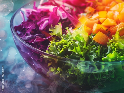 Fresh, colorful salad in a glass bowl with vibrant purple cabbage, crisp green lettuce, and bright orange bell peppers. photo