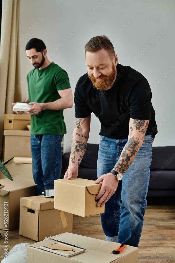 A gay couple in love unpacking boxes in their new living room, beginning a new chapter in their lives together. A gay couple in love unpacking boxes in their new living room, beginning a new chapter in their lives together.