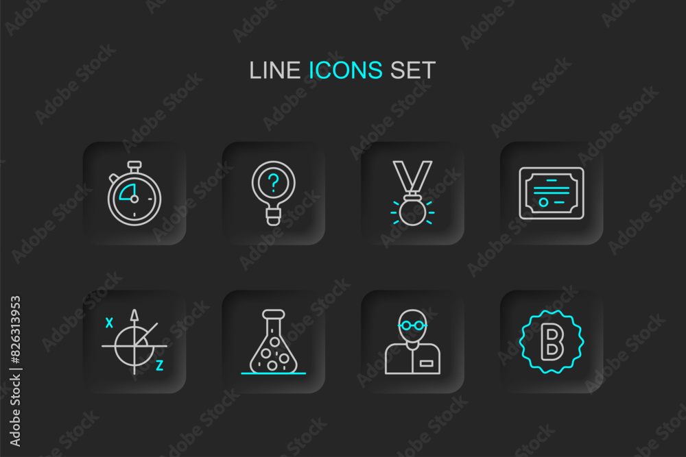 Set line Exam paper with incorrect answers, Teacher, Test tube, Trigonometric circle, Certificate template, Medal, Unknown search and Stopwatch icon. Vector Set line Exam paper with incorrect answers, Teacher, Test tube, Trigonometric circle, Certificate template, Medal, Unknown search and Stopwatch icon. Vector