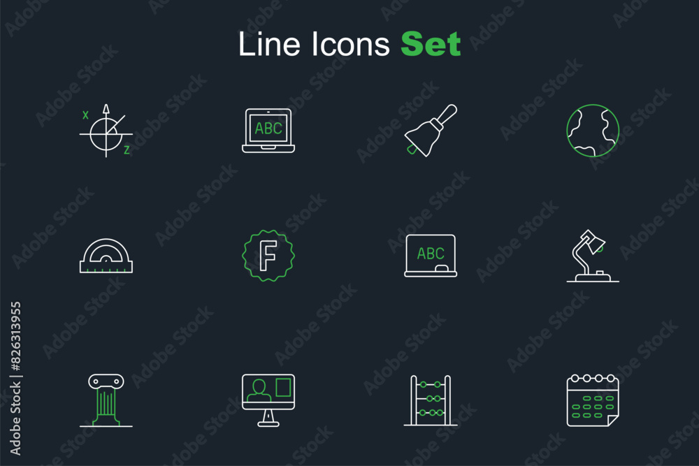 Naklejka premium Set line School timetable, Abacus, Online class, Law pillar, Table lamp, Chalkboard, Exam paper with incorrect answers and Protractor grid icon. Vector