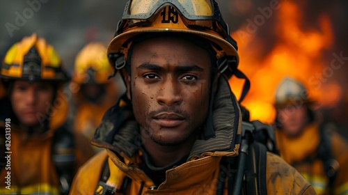 AI generated illustration of a Black firefighter with a group against a blazing fire
