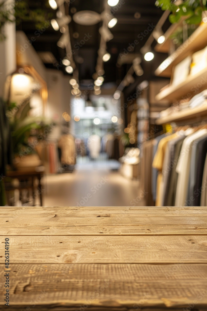 A wooden display table in the foreground with a blurred background of a fashion boutique. The background features stylish clothing racks, mannequins dressed in the latest fashions. A wooden display table in the foreground with a blurred background of a fashion boutique. The background features stylish clothing racks, mannequins dressed in the latest fashions.
