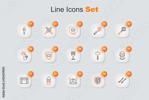Set line Medieval arrows, Shield, Viking in horned helmet, Castle tower, Antique treasure chest, Battle hammer and goblet icon. Vector
