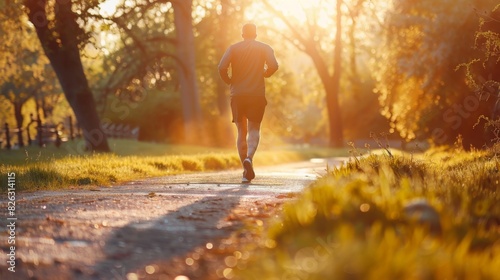 Man jogging at sunrise on a scenic park path, surrounded by trees and bathed in warm golden light, embracing a healthy lifestyle.
