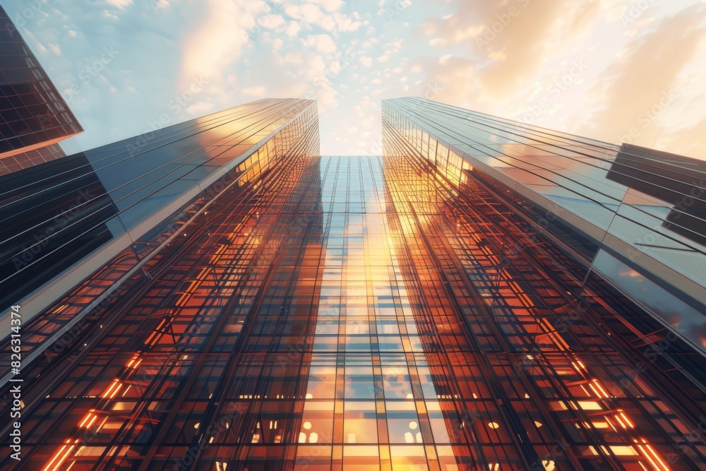 custom made wallpaper toronto digitalLow angle view of modern skyscrapers with glass facades reflecting the golden light during sunset, emphasizing urban architecture and cityscape.