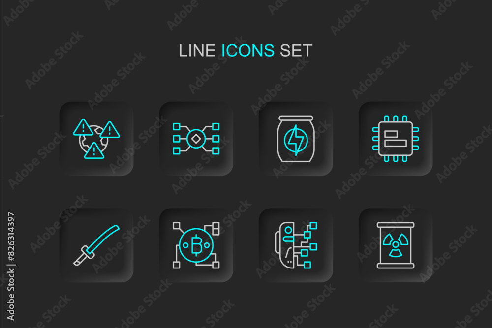 Set line Radioactive waste in barrel, Humanoid robot, Blockchain technology Bitcoin, Katana, Processor CPU, Energy drink, Neural network and Earth with exclamation mark icon. Vector Set line Radioactive waste in barrel, Humanoid robot, Blockchain technology Bitcoin, Katana, Processor CPU, Energy drink, Neural network and Earth with exclamation mark icon. Vector