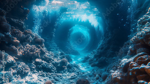 A glowing blue portal in a deep underwater coral environment.