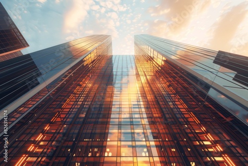 Wallpaper Mural Low angle view of modern skyscrapers with glass facades reflecting the golden light during sunset, emphasizing urban architecture and cityscape. Torontodigital.ca