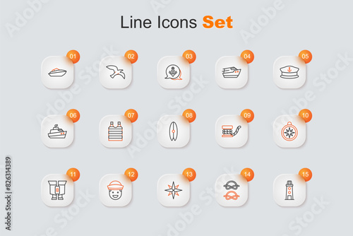 Set line Lighthouse, Nautical rope knots, Wind rose, Sailor, Binoculars, Compass, Marine bollard with and Surfboard icon. Vector