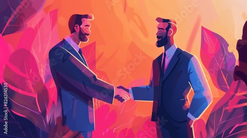 A well-known influencer strikes a handshake deal with a businessman to collaborate on endorsing a company product depicted in a 2D illustration that highlights their partnership.