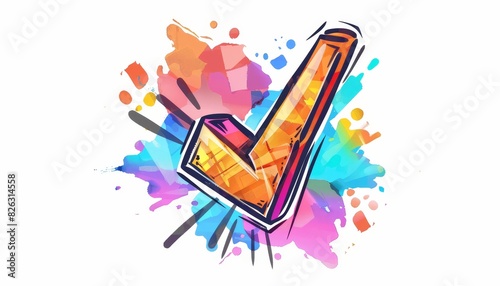 Comic-style check mark icon with a confirm button in a cartoon 2D illustration set against a white background with a splash effect to convey a business concept of acceptance.