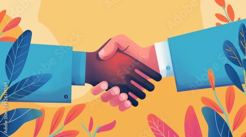 A well-known influencer strikes a handshake deal with a businessman to collaborate on endorsing a company product depicted in a 2D illustration that highlights their partnership.