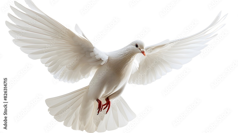 Fototapeta premium A white dove flies through the air against a white background. symbolizing freedom and peace. 