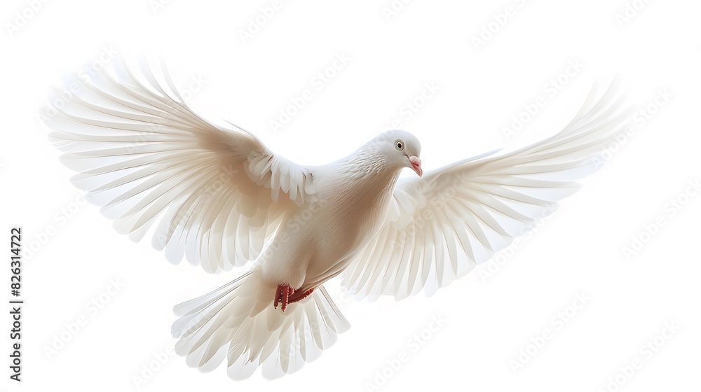 Fototapeta premium A white dove flies through the air against a white background. symbolizing freedom and peace. 