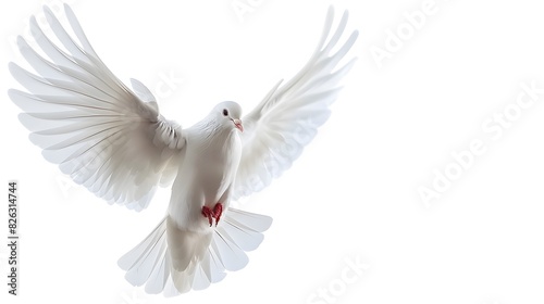A white dove flies through the air against a white background.  symbolizing freedom and peace.
 photo