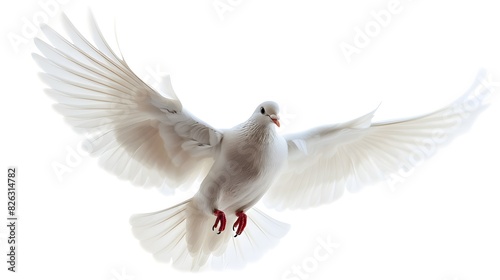 A white dove flies through the air against a white background.  symbolizing freedom and peace. 