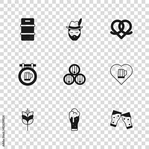 Set Glass of beer, Heart with glass, Wooden barrel, Pretzel, Metal keg, Oktoberfest man and Street signboard icon. Vector