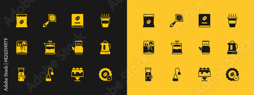 Set Coffee cup to go, Tea bag, Kettle with handle, Cake, French press, book, Bag coffee beans and filter holder icon. Vector
