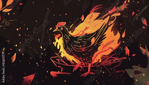 A 2D illustration of a brazier gentle zephyr and a quirky chicken icon combining elements of outdoor cooking and humor.
