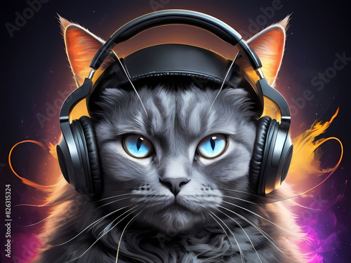 cat dj disc jockey wearing headphones, music, dance photo