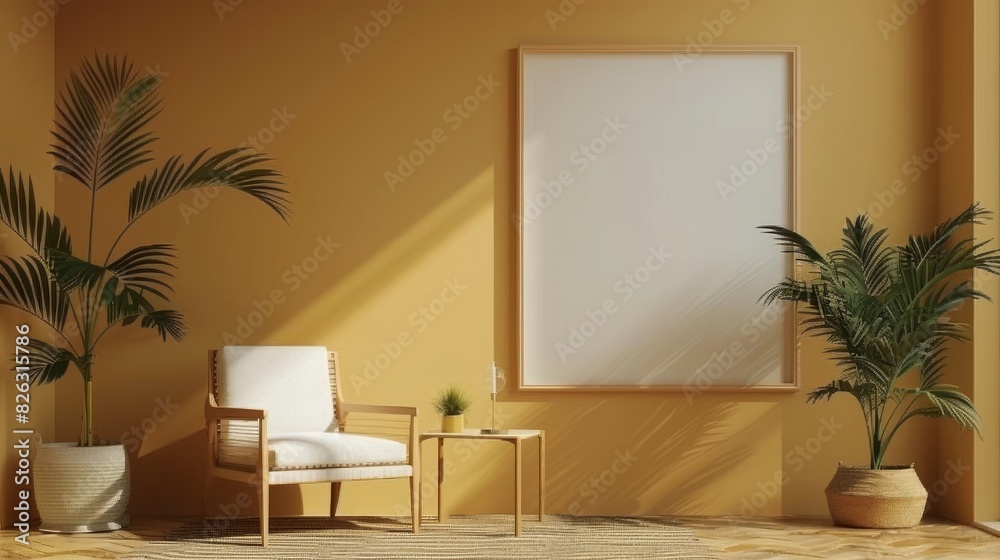 The design of an aesthetic living room, consisting of a blank picture frame, a warm tone,