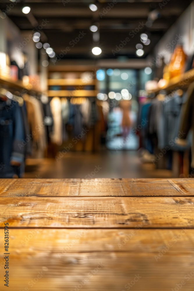 A wooden display table in the foreground with a blurred background of a fashion boutique. The background features stylish clothing racks, mannequins dressed in the latest fashions. A wooden display table in the foreground with a blurred background of a fashion boutique. The background features stylish clothing racks, mannequins dressed in the latest fashions.