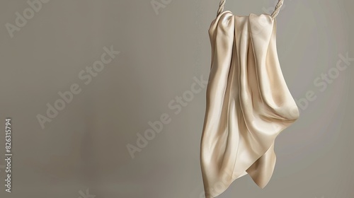 On a rope, a beige handkerchief hangs from realistic fabric photo