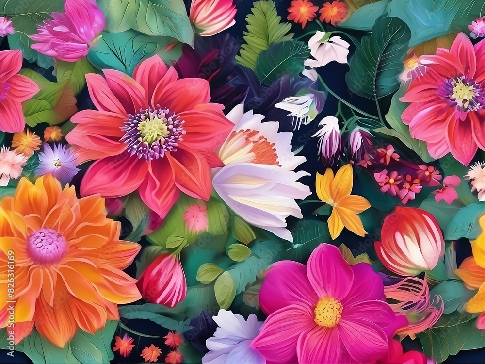 Lush floral pattern with vivid flowers and leaves, background for invitation card Lush floral pattern with vivid flowers and leaves, background for invitation card