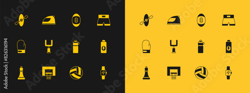 Set Boxing short, Basketball backboard, Fitness shaker, Volleyball, American football goal post, Football, Kayak and paddle and Racing helmet icon. Vector