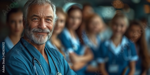 Description: A senior man with a beard is smiling while standing with a group of young medical students. They are in a hospital setting, and everyone appears engaged and happy. © HealthyStock
