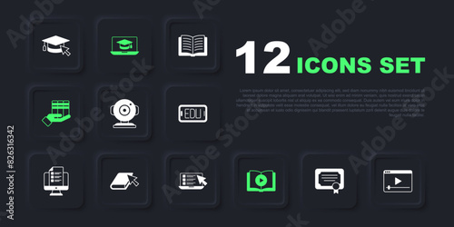 Set Certificate template, Online play video, Web camera, Audio book, Book donation, Graduation cap laptop and quiz, test, survey icon. Vector