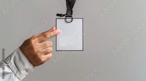 Identifier holder with black lanyard, white, held by hand photo