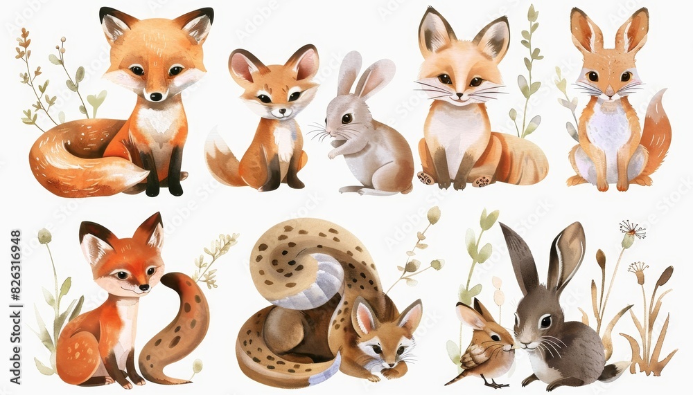 Little children of animals including a fox a snake a mouse a hare and a chick are depicted in a watercolor style. These isolated vector illustrations capture the charm of young wildlife. Little children of animals including a fox a snake a mouse a hare and a chick are depicted in a watercolor style. These isolated vector illustrations capture the charm of young wildlife.