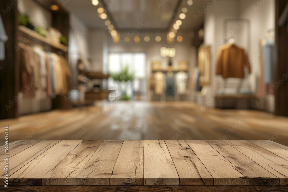 A wooden display table in the foreground with a blurred background of a fashion boutique. The background features stylish clothing racks, mannequins dressed in the latest fashions. A wooden display table in the foreground with a blurred background of a fashion boutique. The background features stylish clothing racks, mannequins dressed in the latest fashions.