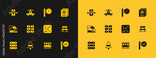 Set Passport, Train station bell, Railway map, Passenger train cars, Broken cracked railway, clock, Route location and Handcar transportation icon. Vector