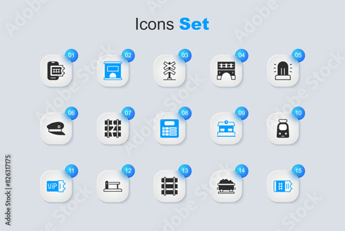 Set Coal train wagon, Broken or cracked railway, Ticket office to buy tickets, Train, and, Online booking and station board icon. Vector