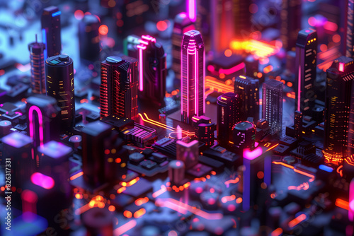 Modern cityscape with intricate neon-lit structures, seamlessly growing from a circuit board.