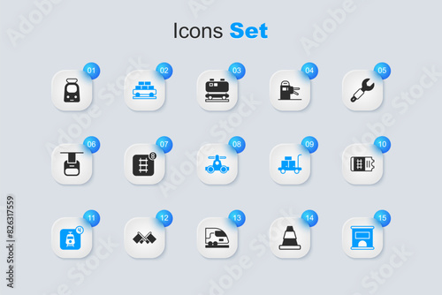 Set Traffic cone, Online ticket booking, Cargo train wagon, Ticket office to buy tickets, Train, and railway and Handcar transportation icon. Vector