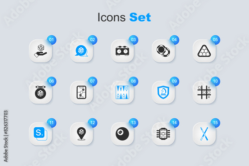 Set Table football, Air hockey table, Game dice, Bingo, Crossed billiard cues, Tic tac toe game, and Backgammon board icon. Vector