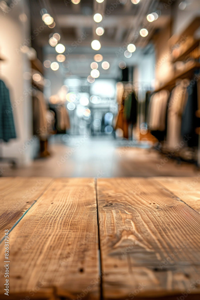 A wooden display table in the foreground with a blurred background of a fashion boutique. The background features stylish clothing racks, mannequins dressed in the latest fashions. A wooden display table in the foreground with a blurred background of a fashion boutique. The background features stylish clothing racks, mannequins dressed in the latest fashions.