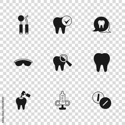 Set Syringe, Tooth, Toothache painkiller tablet, Broken tooth, Dental mirror and probe, and Safety goggle glasses icon. Vector